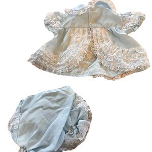 Vintage 80s Mayfair Baby Blue Knit Girl NewBorn Ruffle Lace Top And Bloomer Set